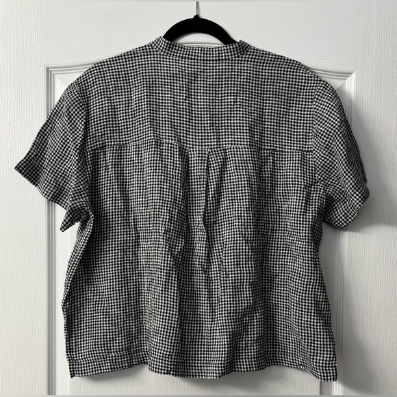 Eileen Fisher Puckered Organic Linen Gingham Mandarin Collar Short Sleeve Top - Picture 10 of 13